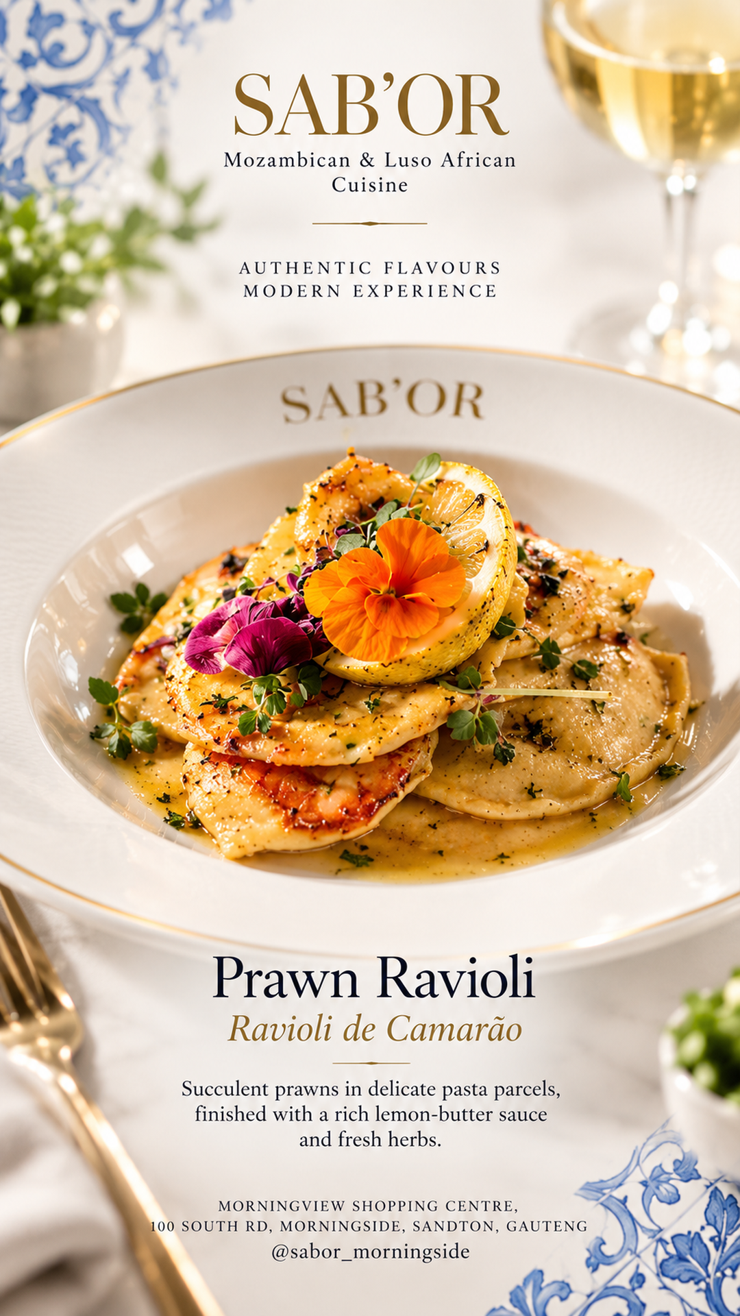 Prawn ravioli plated with lemon butter and edible flowers