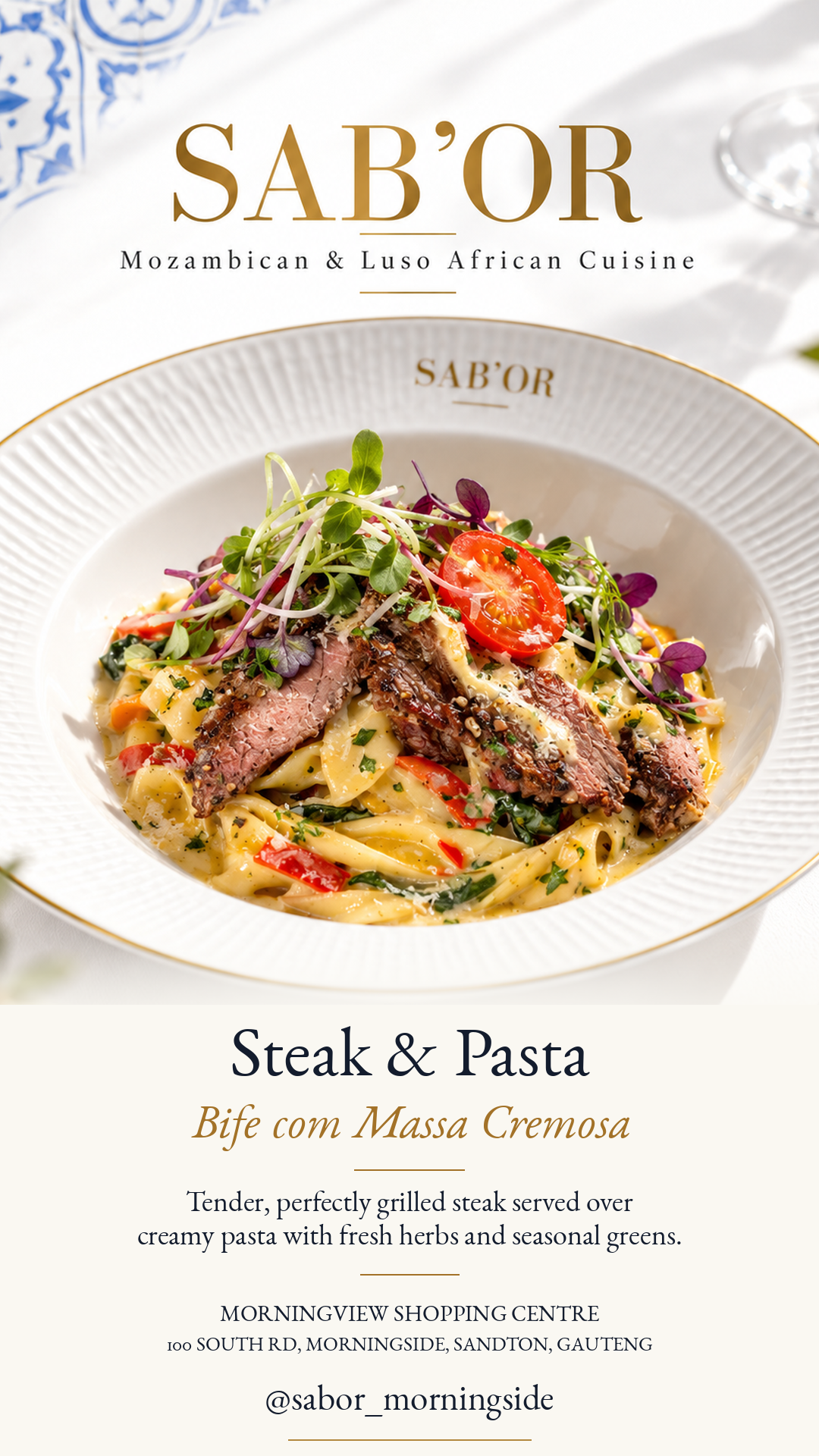 Flame-grilled steak served over creamy pasta