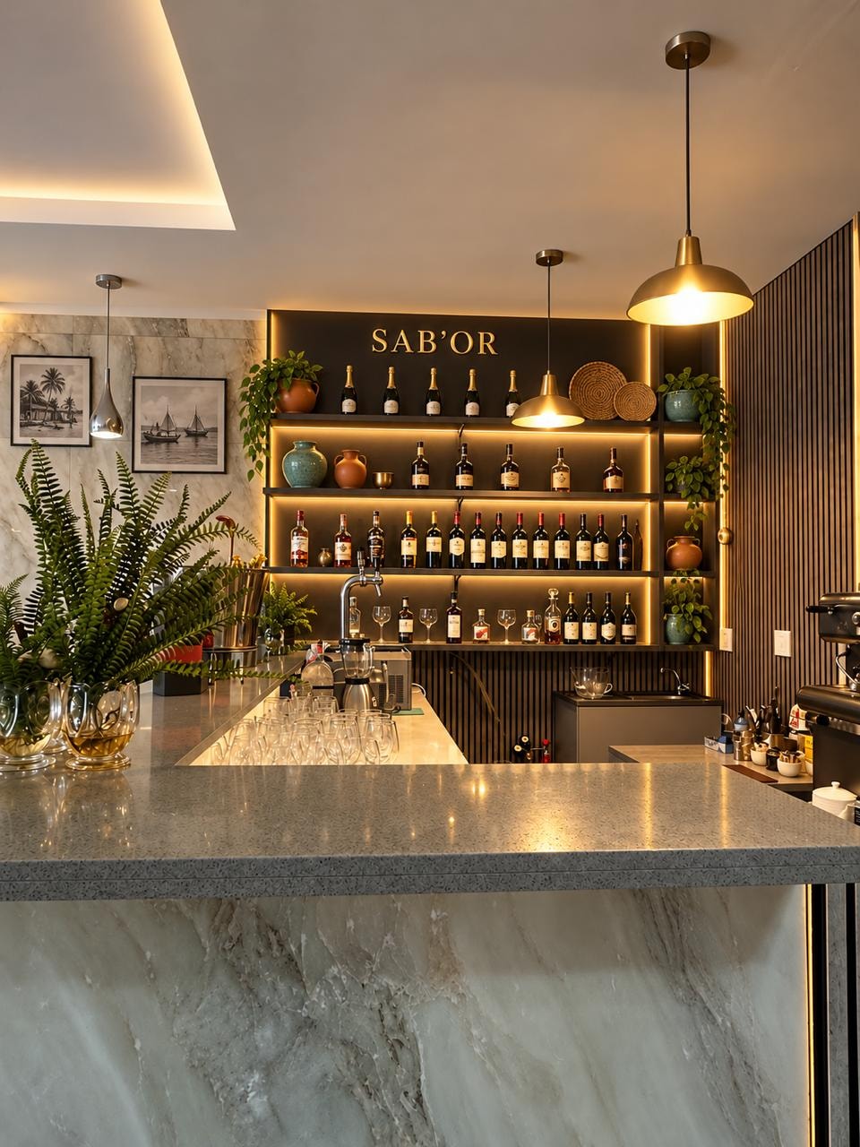 The SAB'OR bar with backlit wine shelves and a marble counter